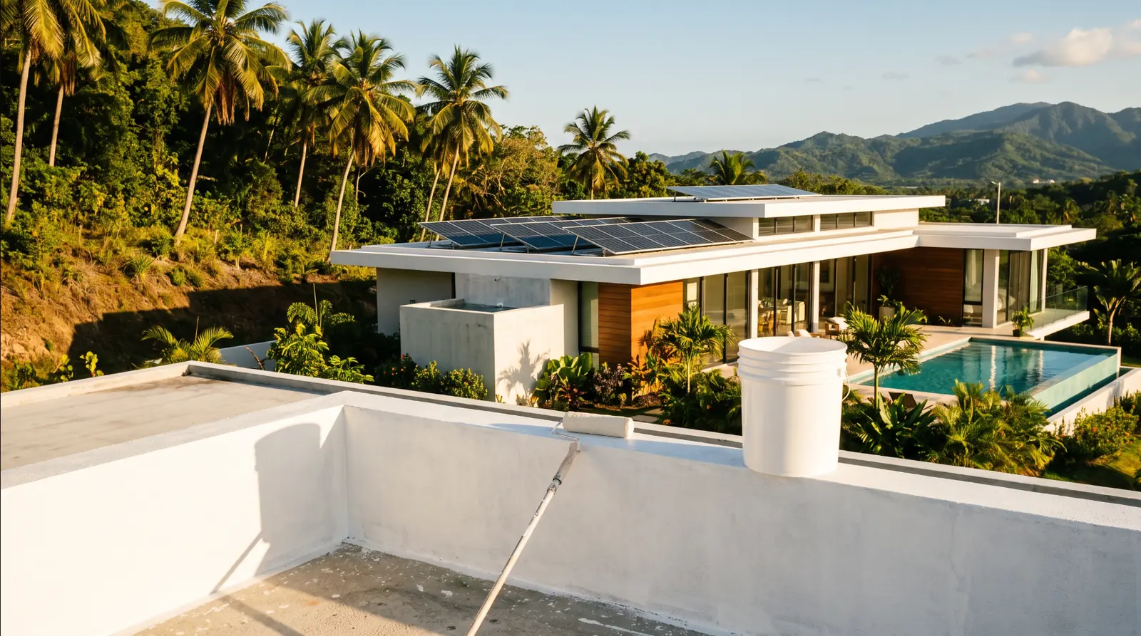 Techo recién sellado con vista a una casa con placas solares y cisterna en el oeste de Puerto Rico